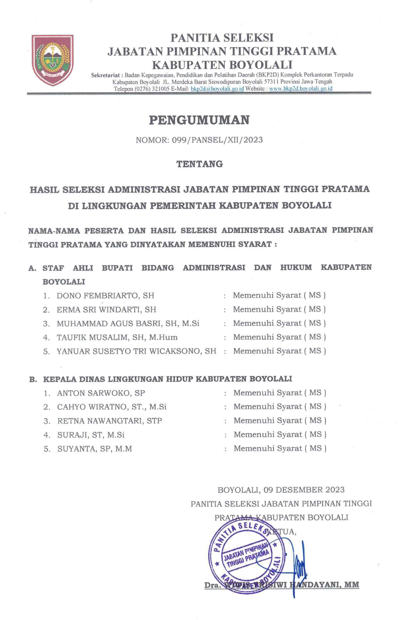 Pengumuman seleksi administrasi seleksi terbuka JPT Pratama Kabupaten Boyolali Tahun 2023
